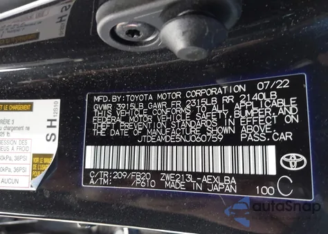 2022 Toyota Corolla Hybrid Le z USA, uszkodzony, nr VIN JTDEAMDE5NJ060759